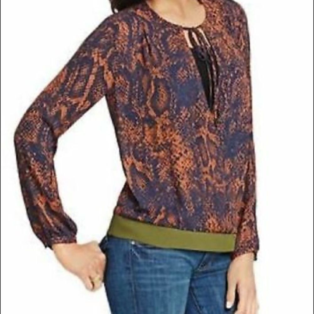 CAbi
Navy Rust Snake Print Border Wrap Blouse Top Small